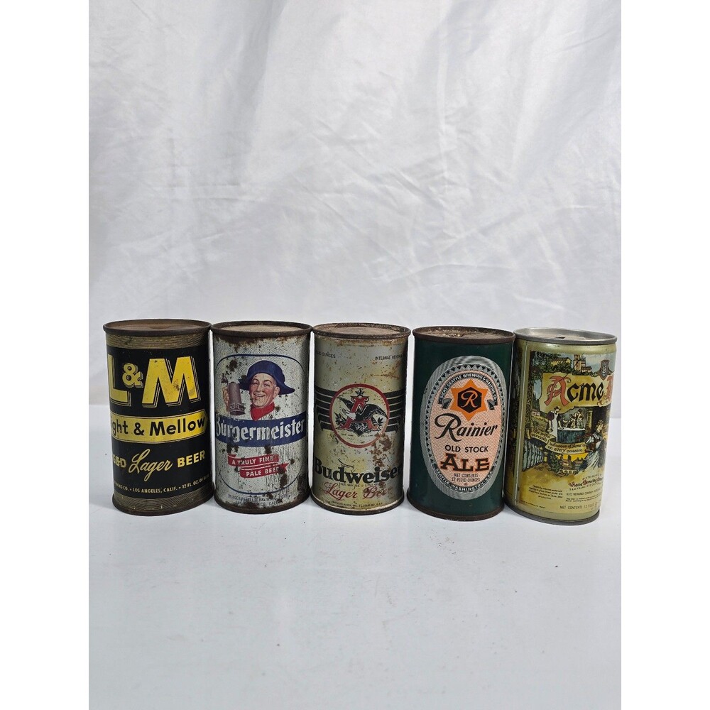 Lot of 5 Vintage Beer Cans: L&M, Burgermeister, Budweiser, Rainier, Acme Beer
